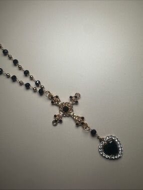 Gold Rosary-Style Necklace with Dark Green Beads and Heart Pendant